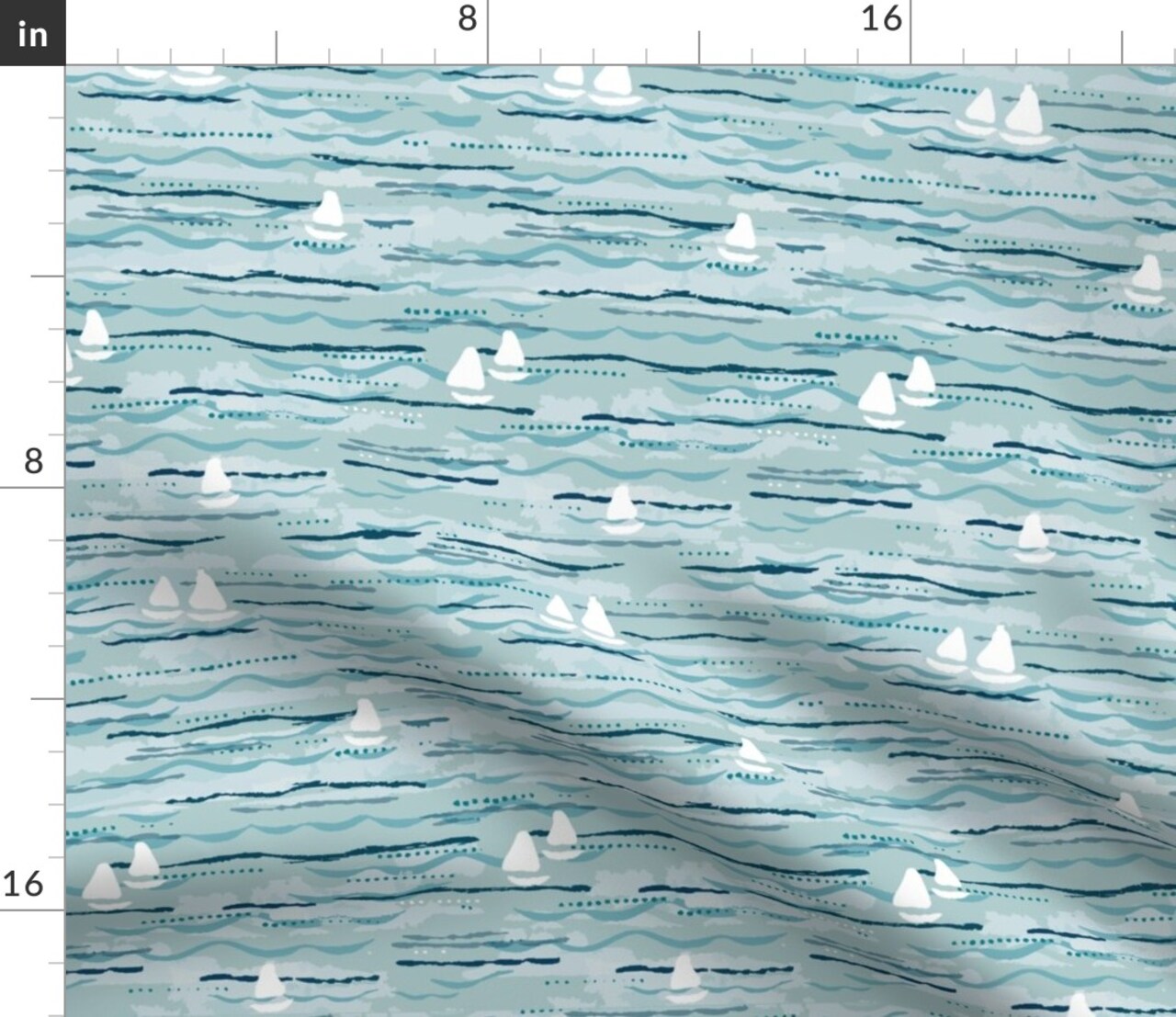 Blue Blues Waves Boats Sea Ocean Lake Hand Painted Boating Beach Boho Costal Chic Teal Small Scale Custom Printed Fabric by Spoonflower Various Fabrics by the Yard or Fat Quarter
